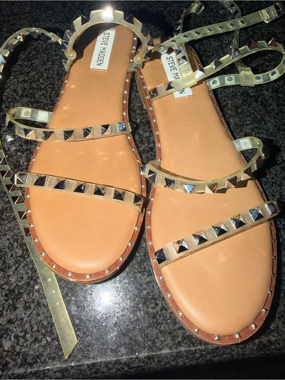 Steve Madden Tan Leather Flat Sandals with Gold Studs